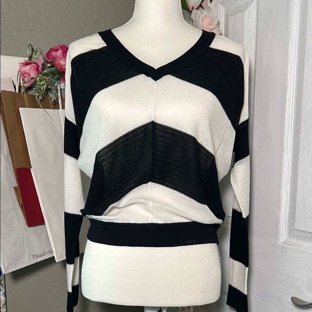 NWOT APT.9 Black and White V-Neck Striped Lightweight Sweater